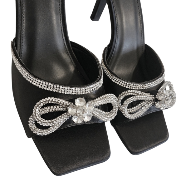 Vodvob Rhinestone Bow Black Square Toe Heels Women's Size 8 - Picture 2 of 13